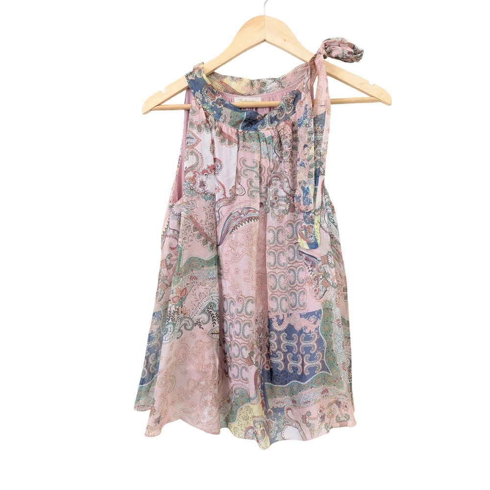 Bellambra Made in Italy Pink Paisley Silk Tie Neck Sleeveless Blouse S Resort